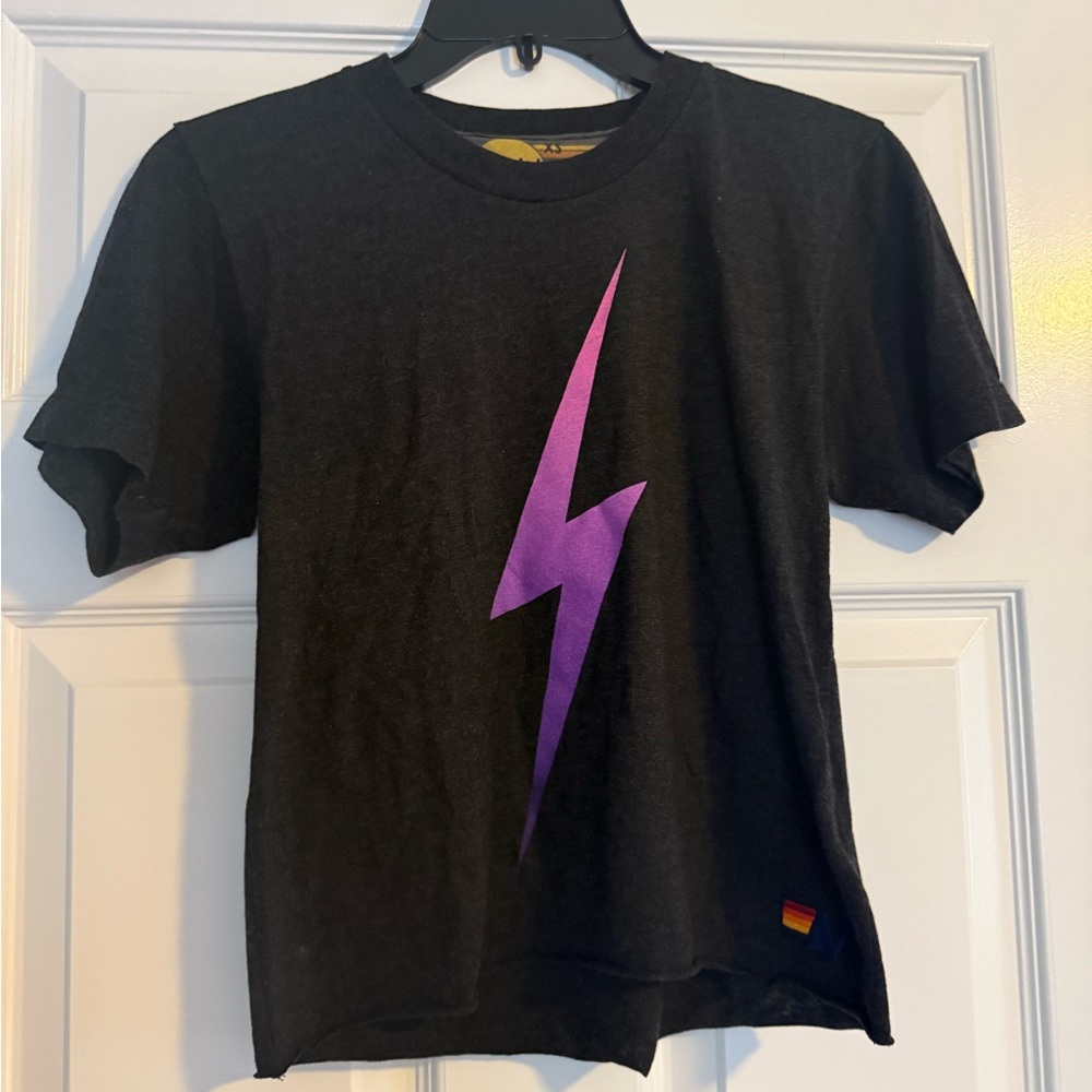 Aviator Nation. Black T-Shirt with Purple Lightning Bolt. Size XS